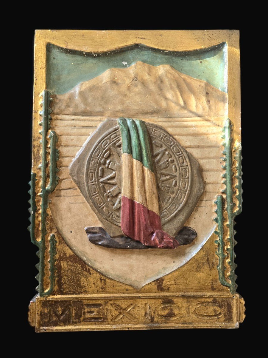 Early 20th Century Mexico Memorial Panel – Solid Wood Carved, Gilded And Polychromed-photo-7