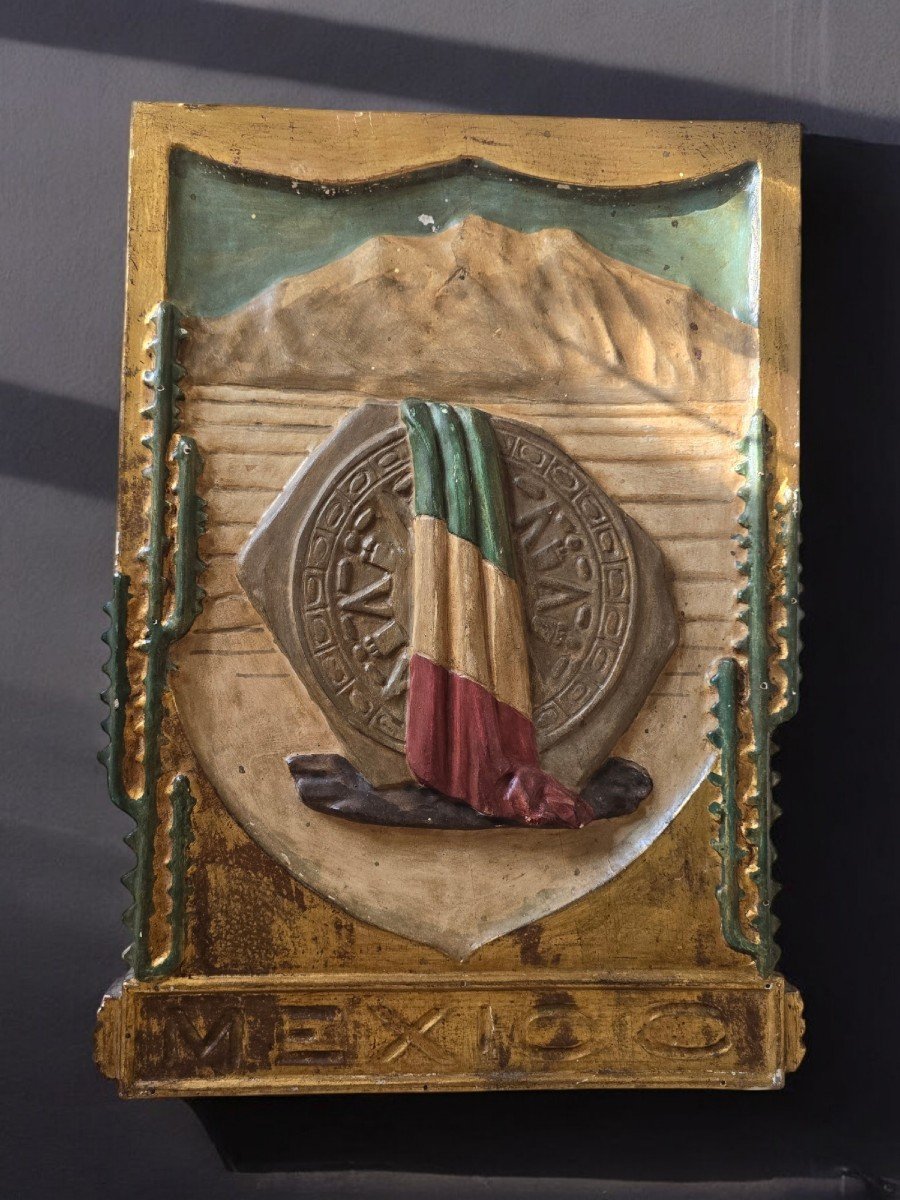 Early 20th Century Mexico Memorial Panel – Solid Wood Carved, Gilded And Polychromed-photo-8