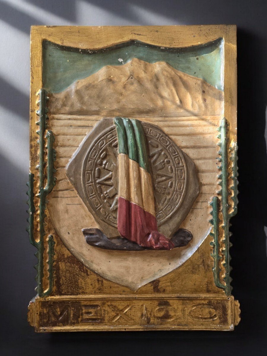 Early 20th Century Mexico Memorial Panel – Solid Wood Carved, Gilded And Polychromed