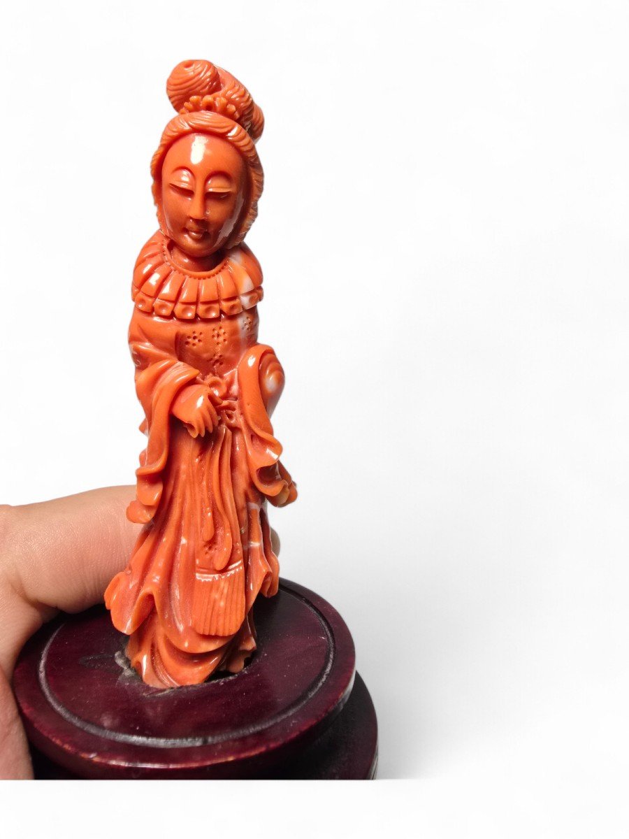 Superb 1930s Red Coral Sculpture Of A Chinese Lady-photo-4