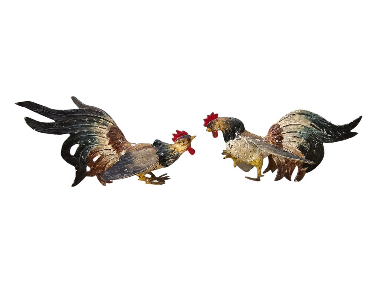 Pair Of Early 1900s Painted Metal Roosters – Antique Decorative Figurines-photo-4