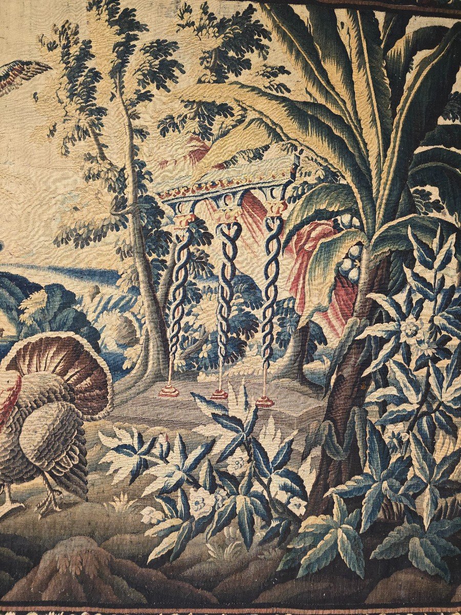 Grande Tapisserie d'Aubusson Du XVIIIe Siècle – Oiseaux Exotiques Et Architecture-photo-7