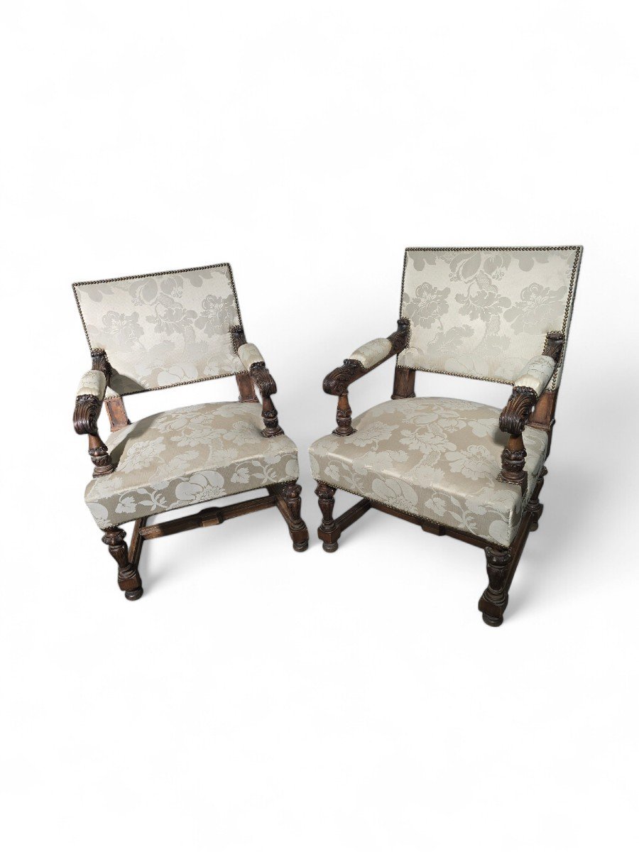 Pair Of 19th Century Walnut Armchairs With Silk Damask Upholstery-photo-2