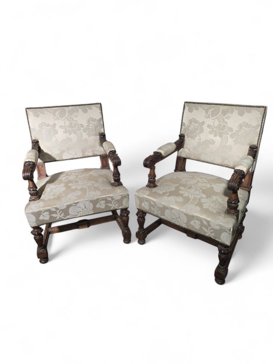 Pair Of 19th Century Walnut Armchairs With Silk Damask Upholstery