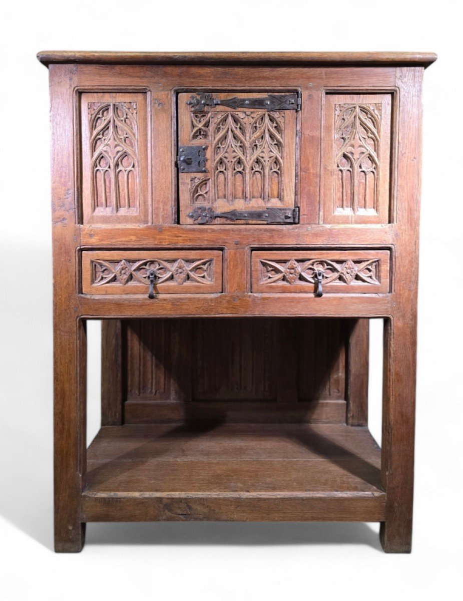 17th Century Gothic Buffet – Solid Wood Carved With Hand Forged Iron