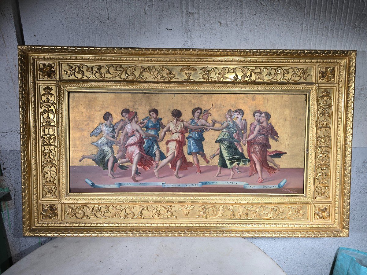 Peinture à l'Huile Italienne Du XIXe Siècle – « Apollon Et Les Muses Dansant » Par Antonio Cost-photo-2