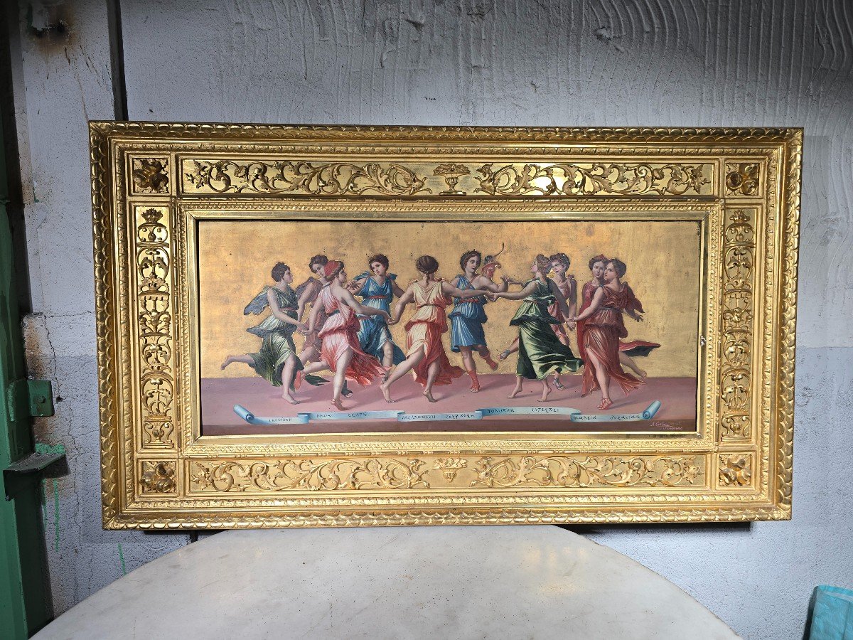 Peinture à l'Huile Italienne Du XIXe Siècle – « Apollon Et Les Muses Dansant » Par Antonio Cost-photo-4