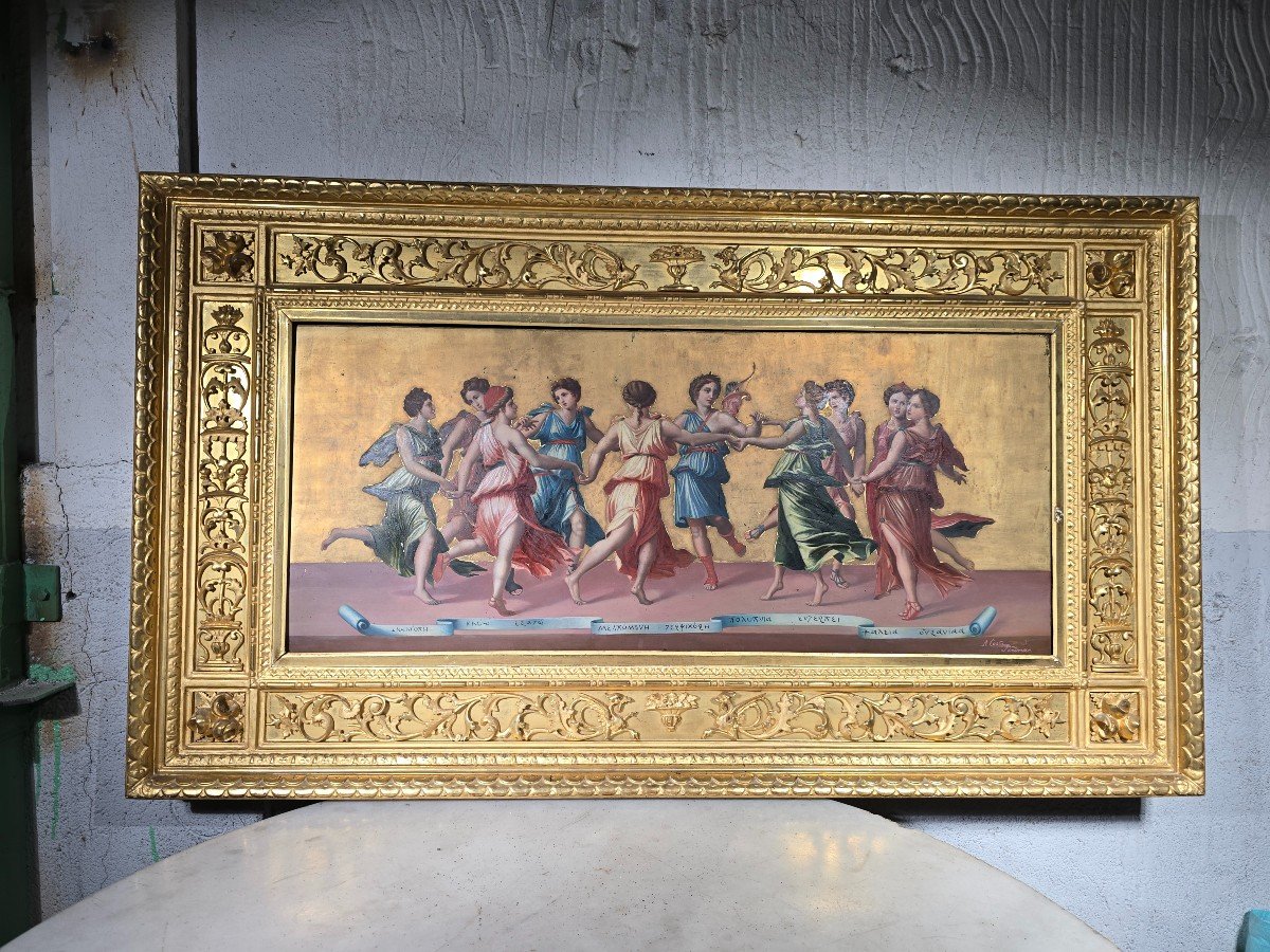 Peinture à l'Huile Italienne Du XIXe Siècle – « Apollon Et Les Muses Dansant » Par Antonio Cost-photo-1