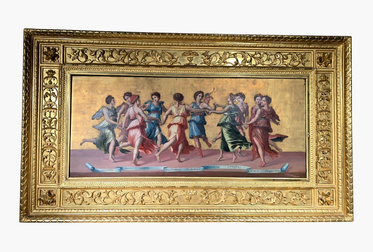 Peinture à l'Huile Italienne Du XIXe Siècle – « Apollon Et Les Muses Dansant » Par Antonio Cost-photo-4