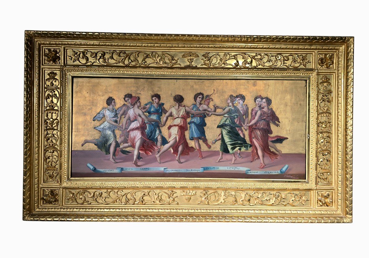 Peinture à l'Huile Italienne Du XIXe Siècle – « Apollon Et Les Muses Dansant » Par Antonio Cost-photo-8