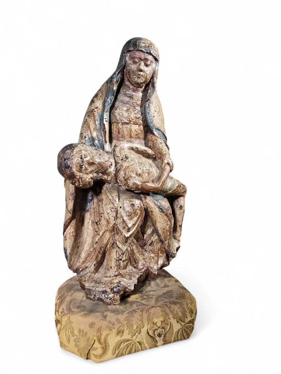 Sculpture Rare De La Pietà En Bois Polychrome Française Du XVIe Siècle-photo-2