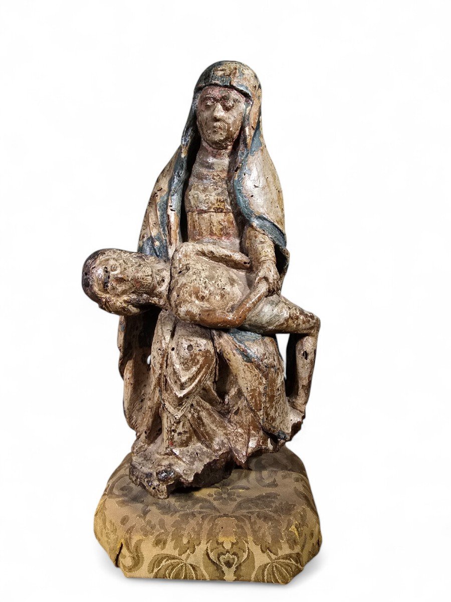 Sculpture Rare De La Pietà En Bois Polychrome Française Du XVIe Siècle-photo-3