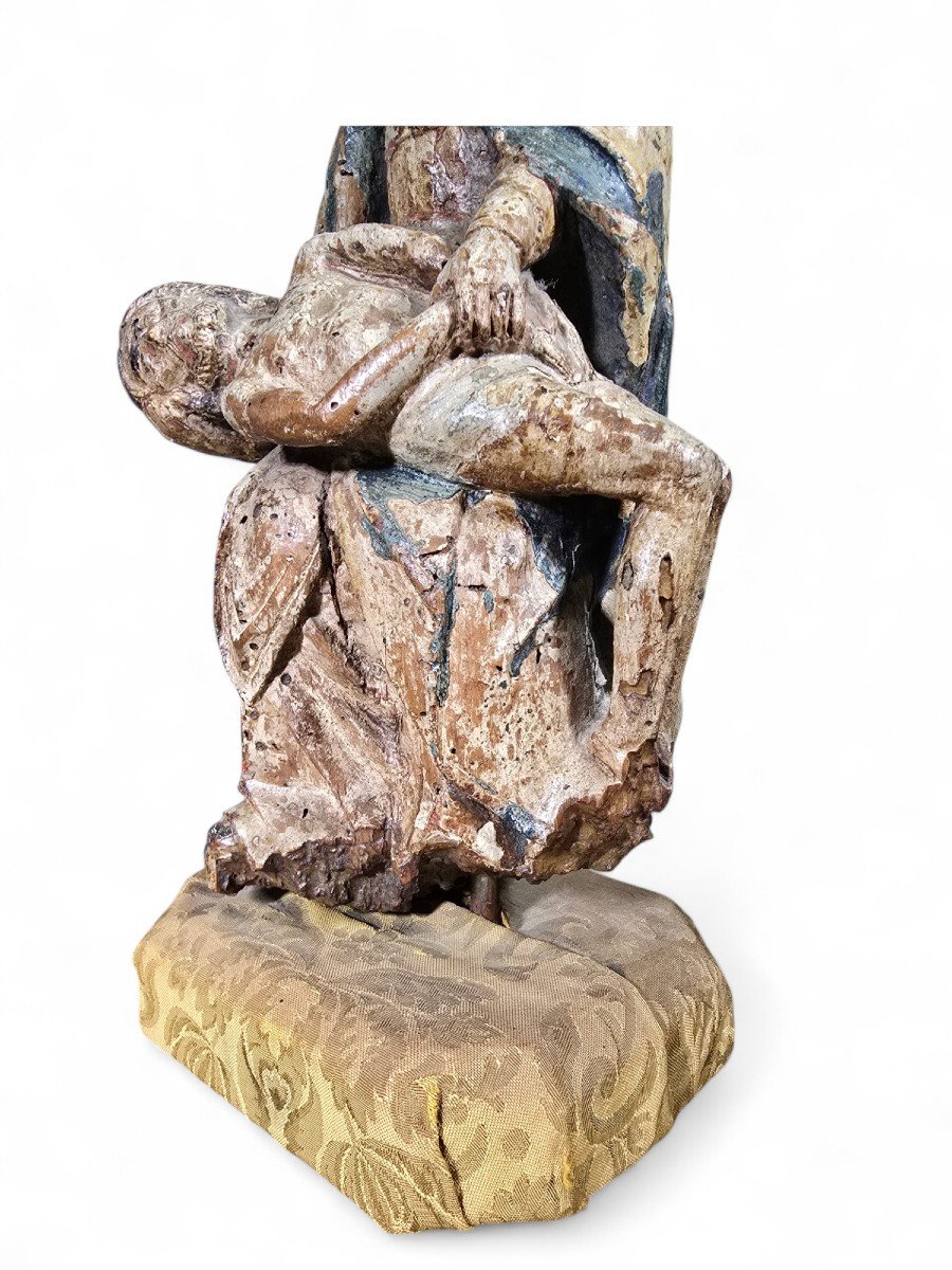 Sculpture Rare De La Pietà En Bois Polychrome Française Du XVIe Siècle-photo-2