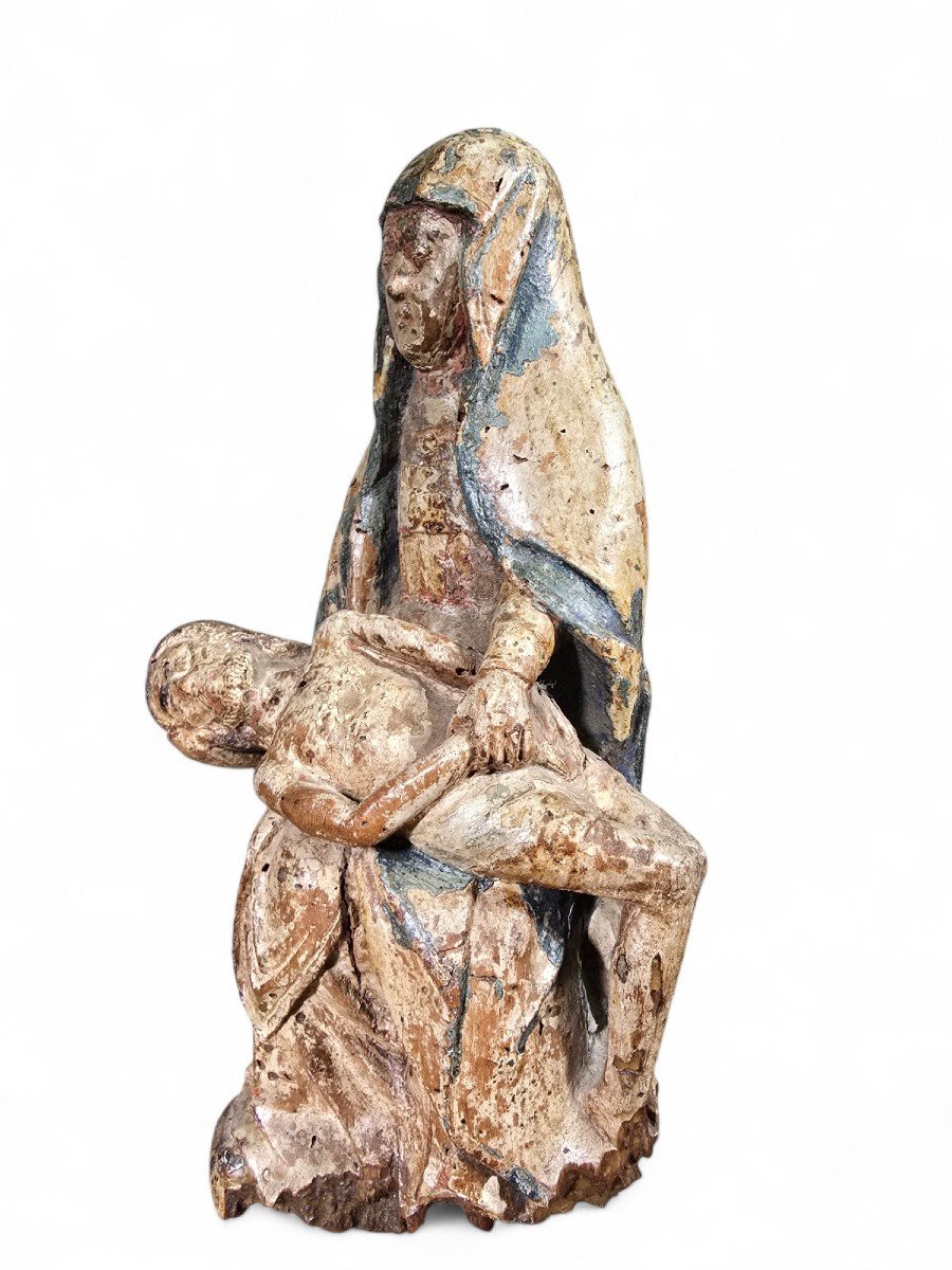 Sculpture Rare De La Pietà En Bois Polychrome Française Du XVIe Siècle-photo-3