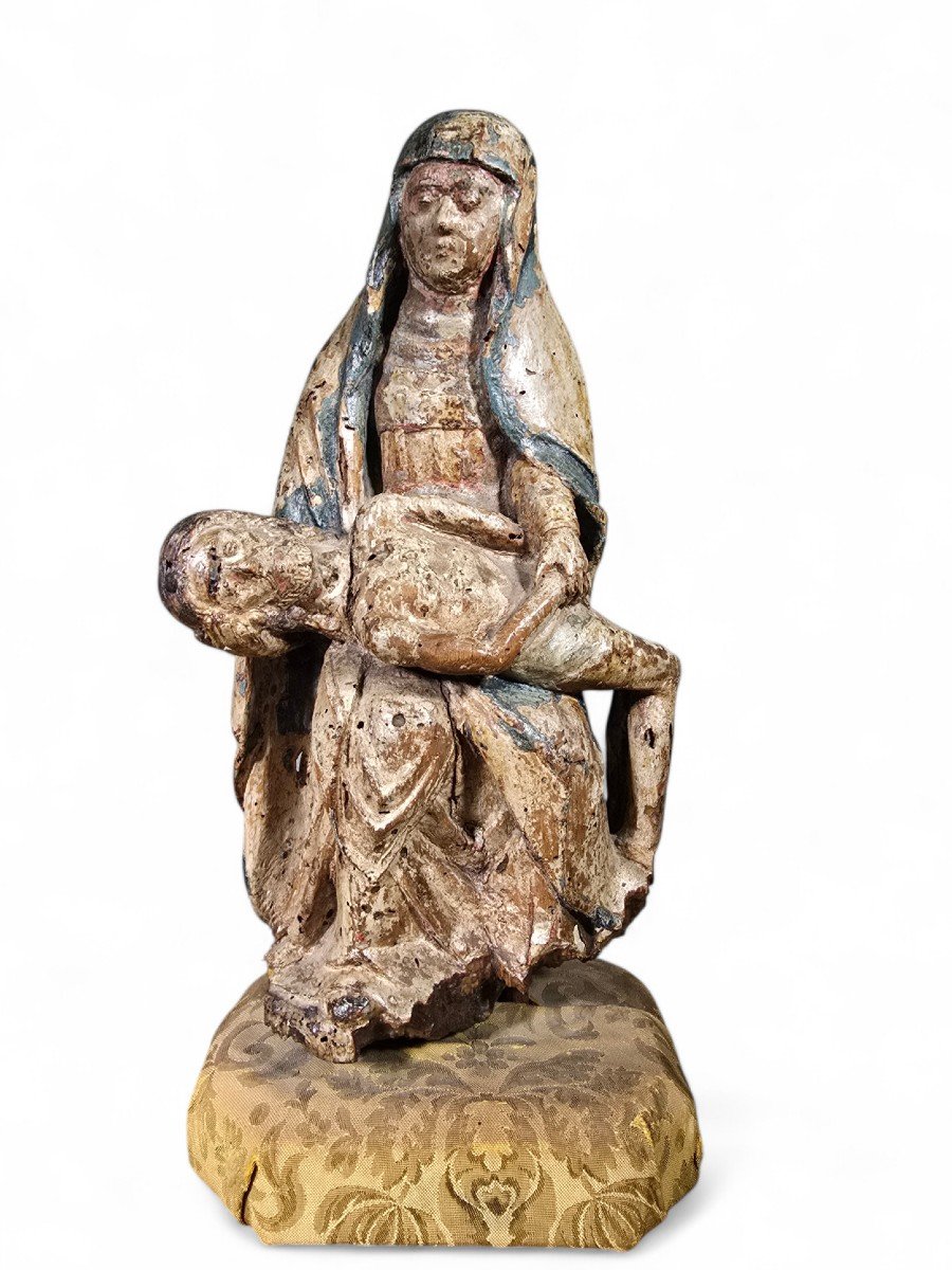 Sculpture Rare De La Pietà En Bois Polychrome Française Du XVIe Siècle-photo-7