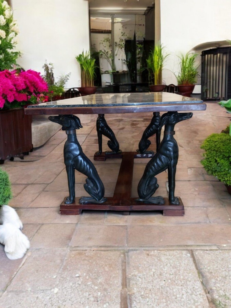 Large Italian Table With Green Iron Dogs And Antique Marble Top-photo-3