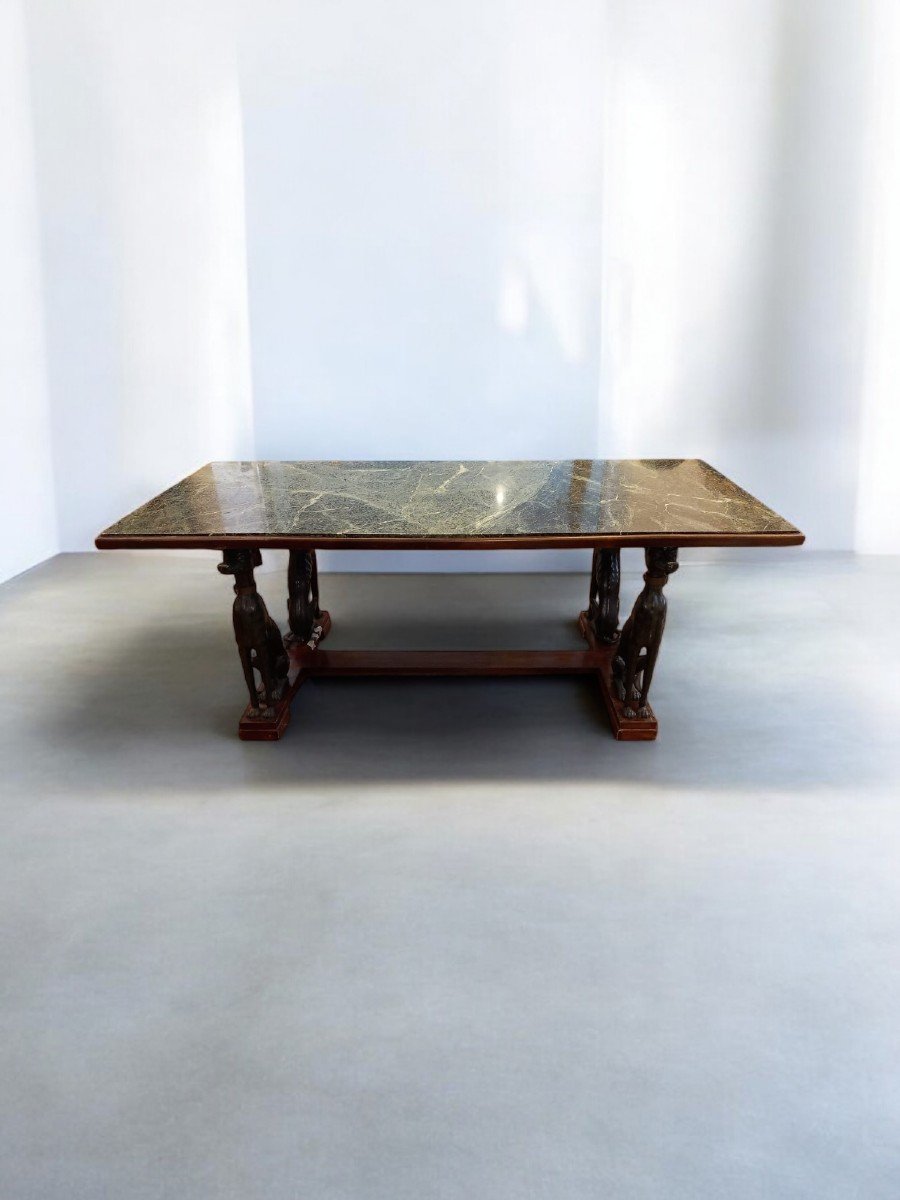 Large Italian Table With Green Iron Dogs And Antique Marble Top-photo-4