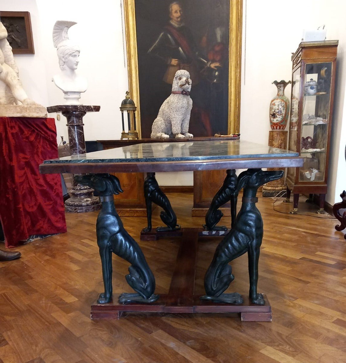 Large Italian Table With Green Iron Dogs And Antique Marble Top-photo-4