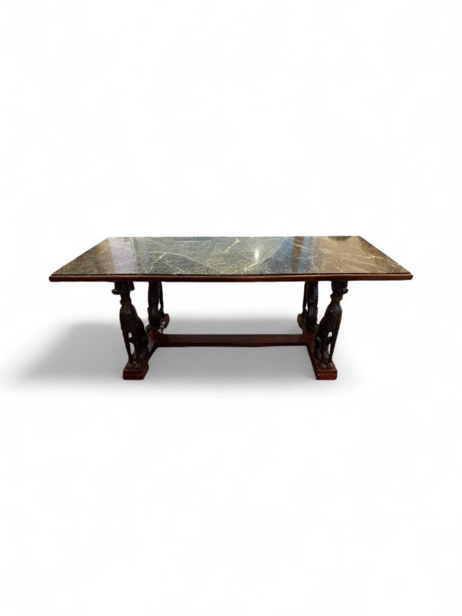 Large Italian Table With Green Iron Dogs And Antique Marble Top-photo-7