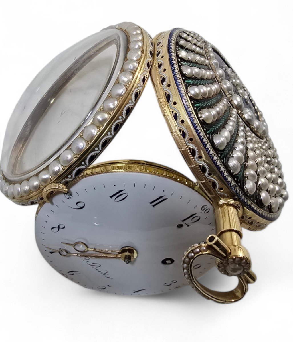 Montre De Poche En Or 18 Carats Leonard Bordier Avec Perles Et émail – Fabriquée Pour Le Marché-photo-2