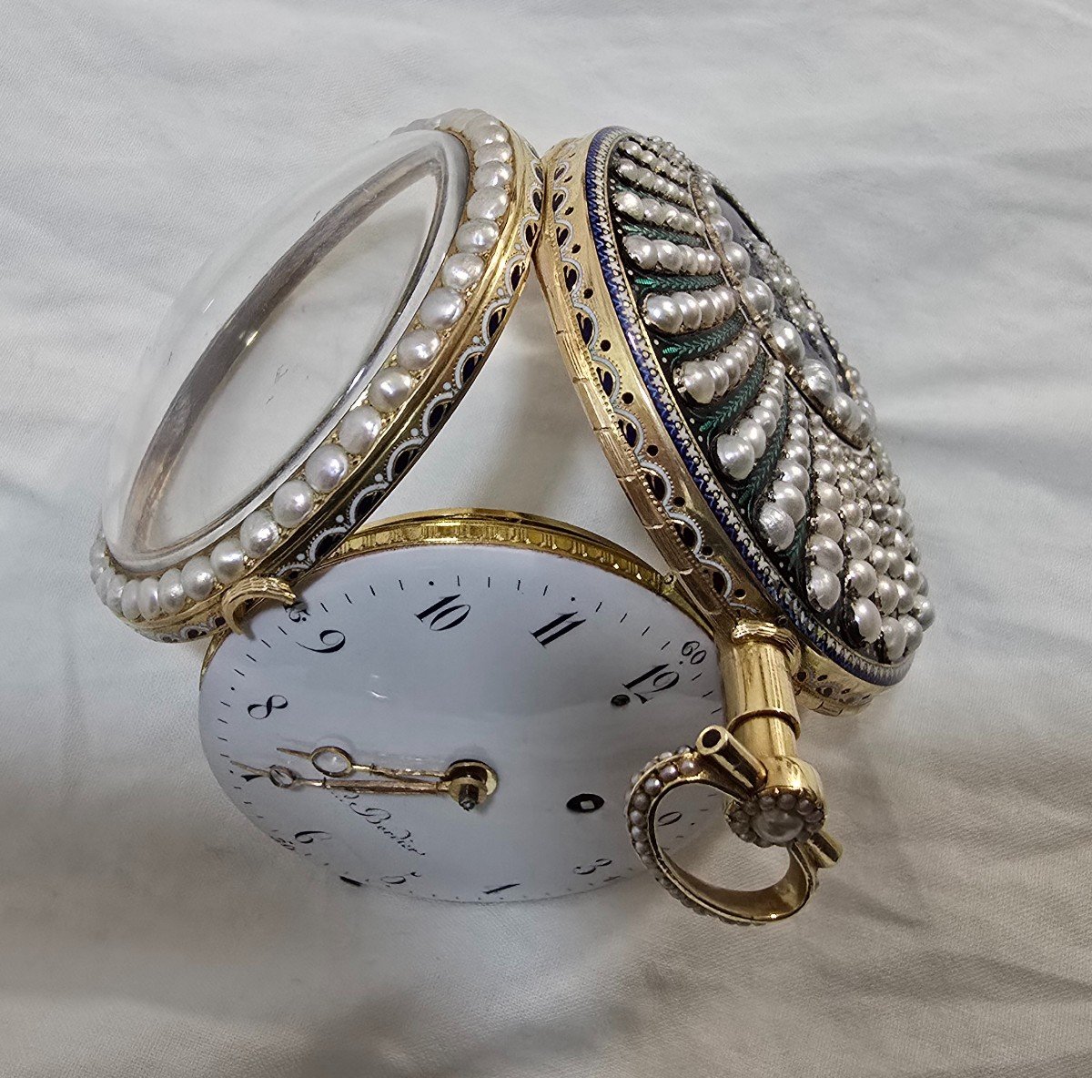 Montre De Poche En Or 18 Carats Leonard Bordier Avec Perles Et émail – Fabriquée Pour Le Marché-photo-5