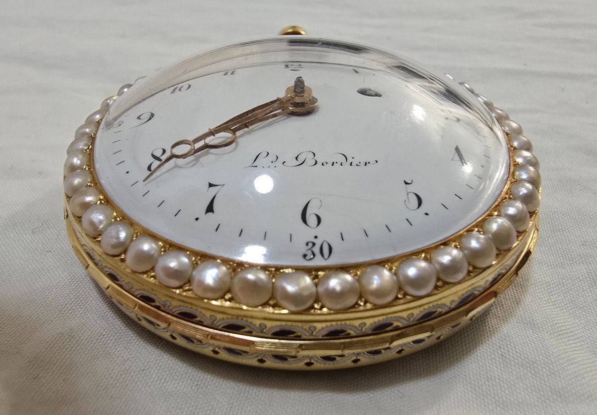 Montre De Poche En Or 18 Carats Leonard Bordier Avec Perles Et émail – Fabriquée Pour Le Marché-photo-7