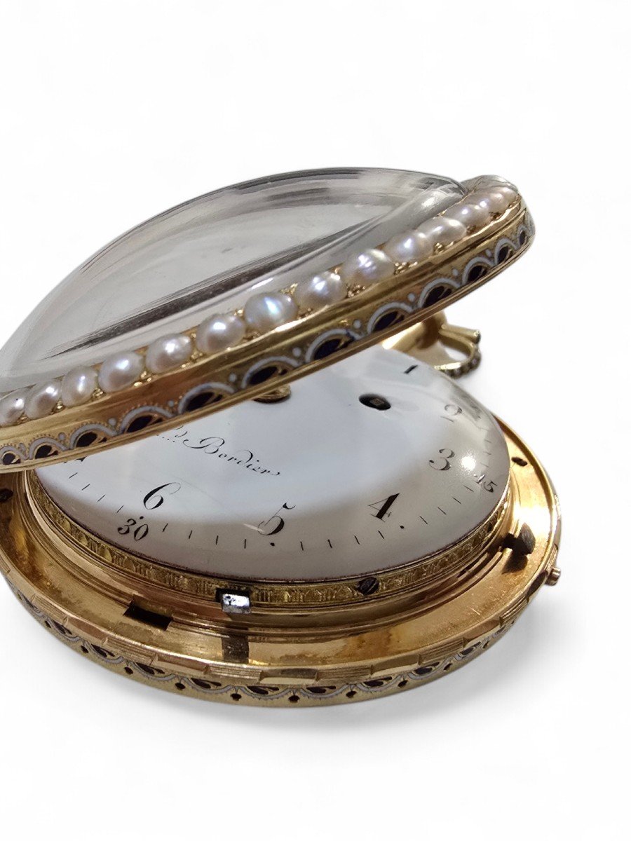 Montre De Poche En Or 18 Carats Leonard Bordier Avec Perles Et émail – Fabriquée Pour Le Marché-photo-8