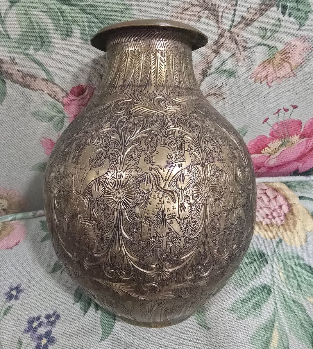 Antique 19th Century Brass Vase With Exotic Figures