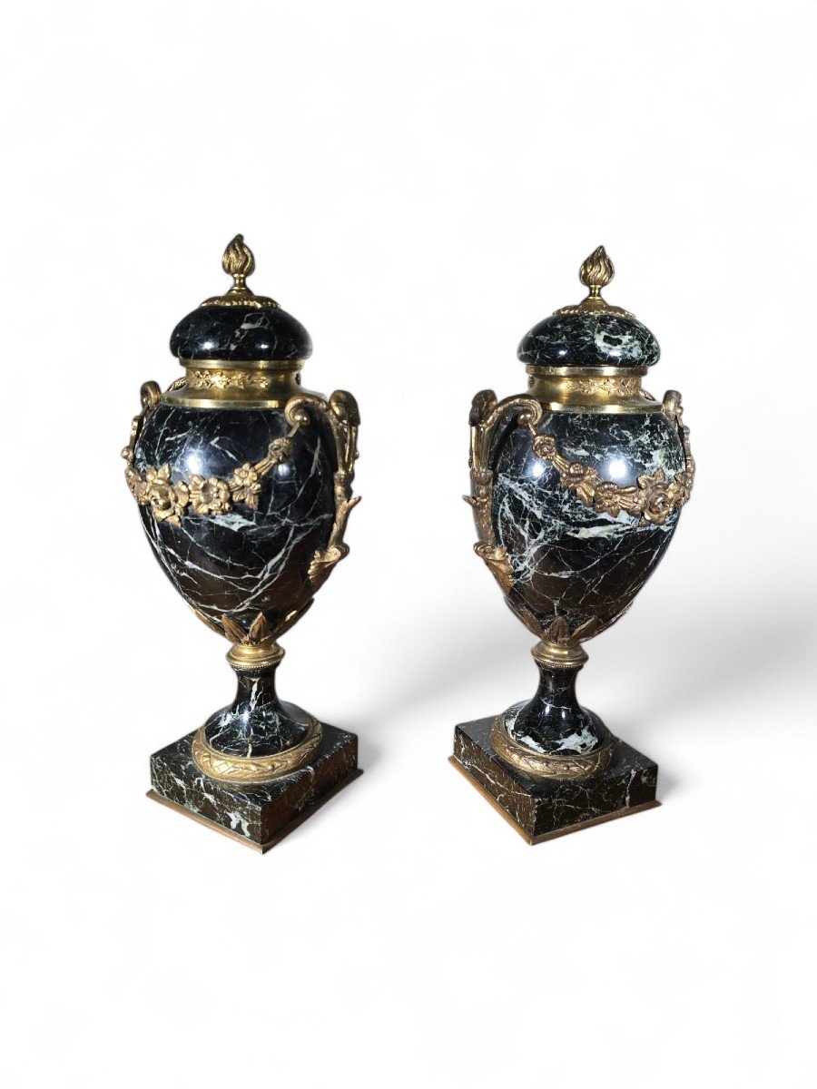 Pair Of French Marble Vases With Gilt Bronze Decorations, 19th Century-photo-2