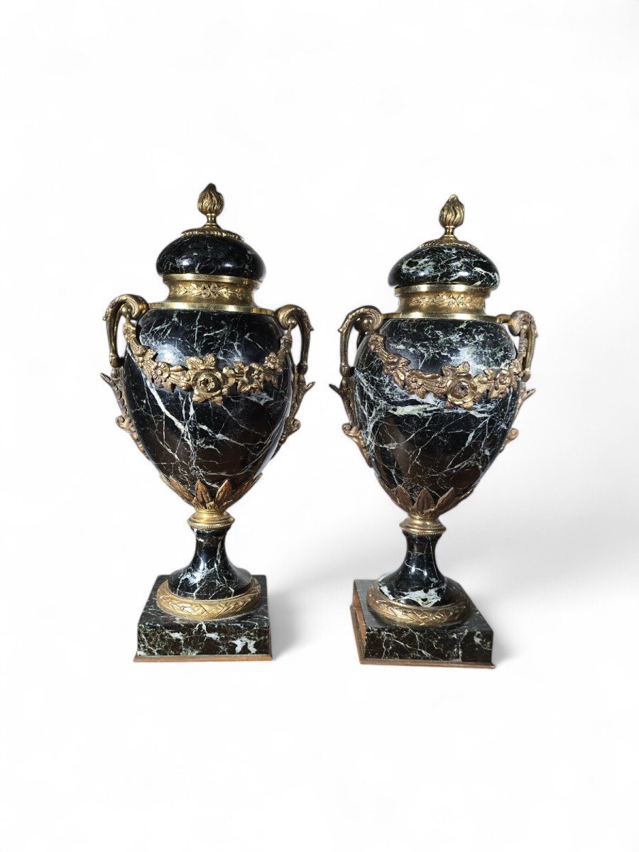 Paire De Vases Français En Marbre à Décorations En Bronze Doré, 19ème Siècle-photo-4