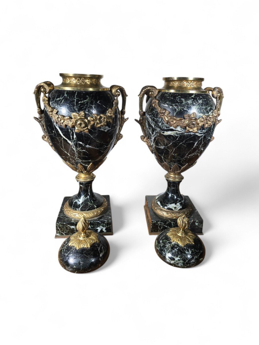 Paire De Vases Français En Marbre à Décorations En Bronze Doré, 19ème Siècle-photo-1