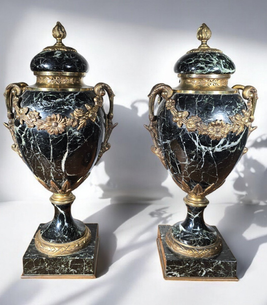 Paire De Vases Français En Marbre à Décorations En Bronze Doré, 19ème Siècle