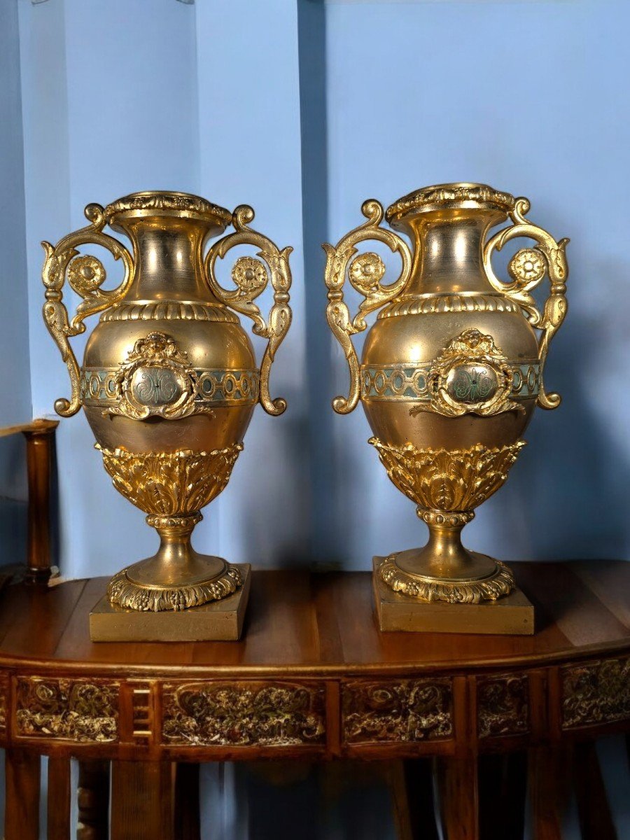 Pair Of French Gilt Bronze And Turquoise Enamel Vases-photo-2