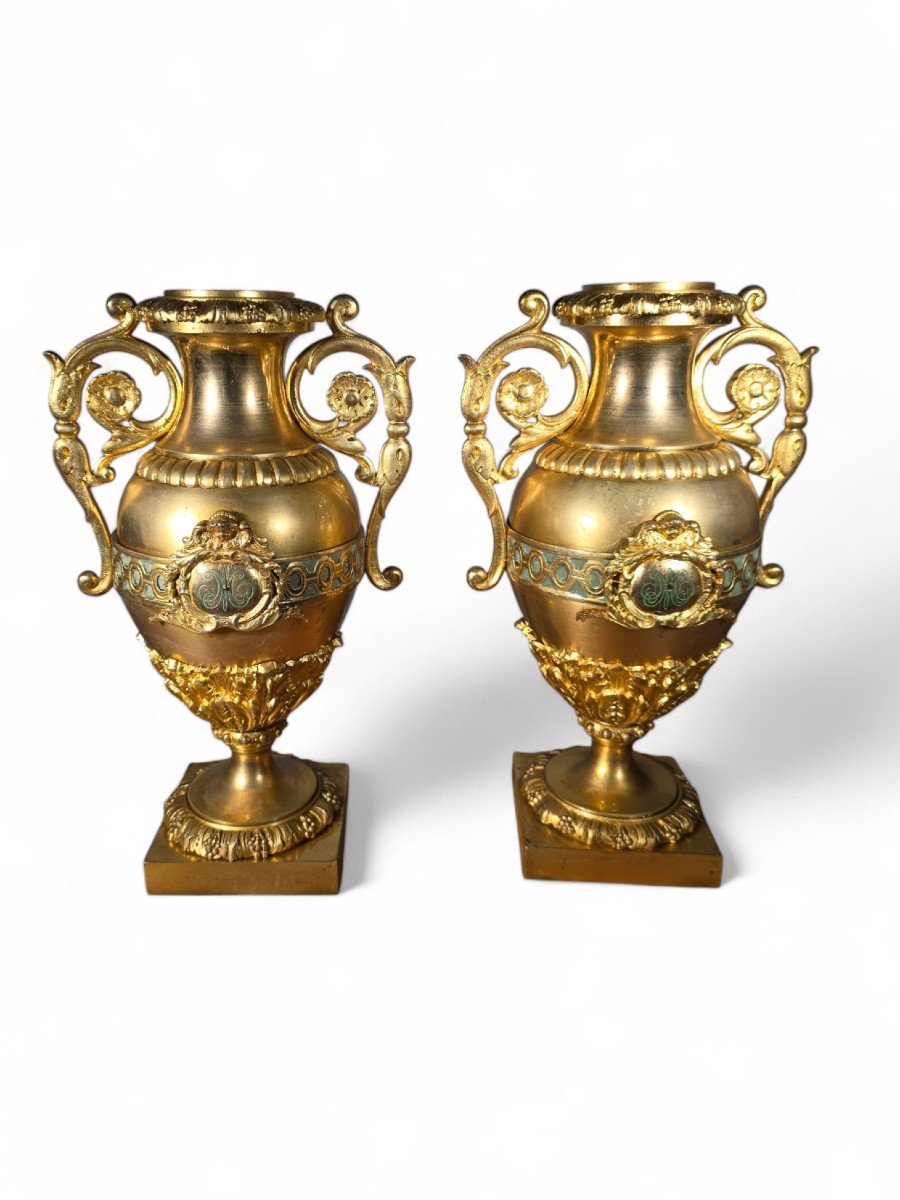 Pair Of French Gilt Bronze And Turquoise Enamel Vases-photo-3