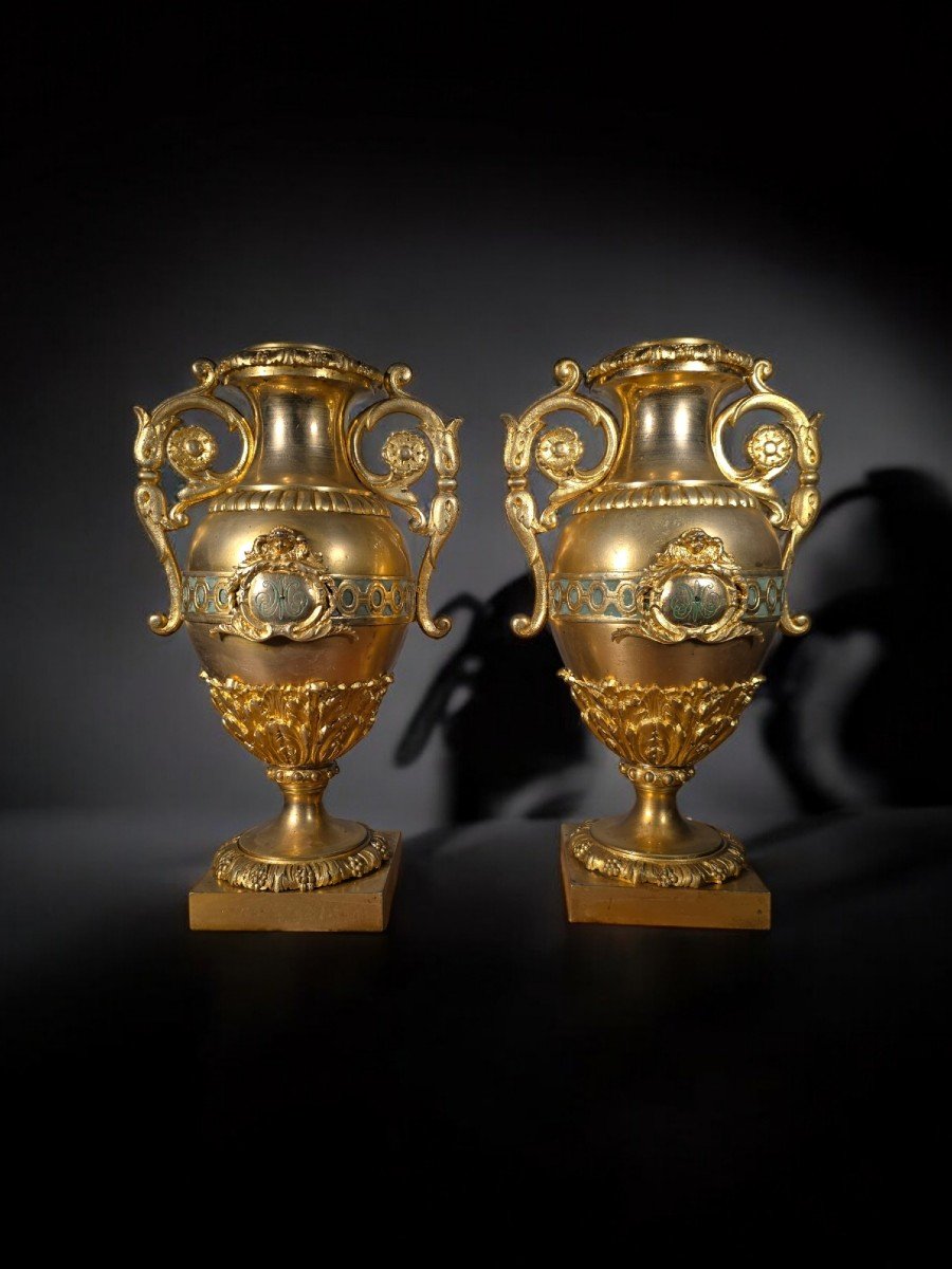 Pair Of French Gilt Bronze And Turquoise Enamel Vases-photo-4