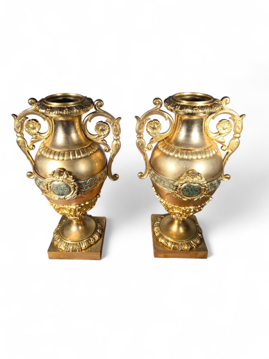 Pair Of French Gilt Bronze And Turquoise Enamel Vases-photo-1