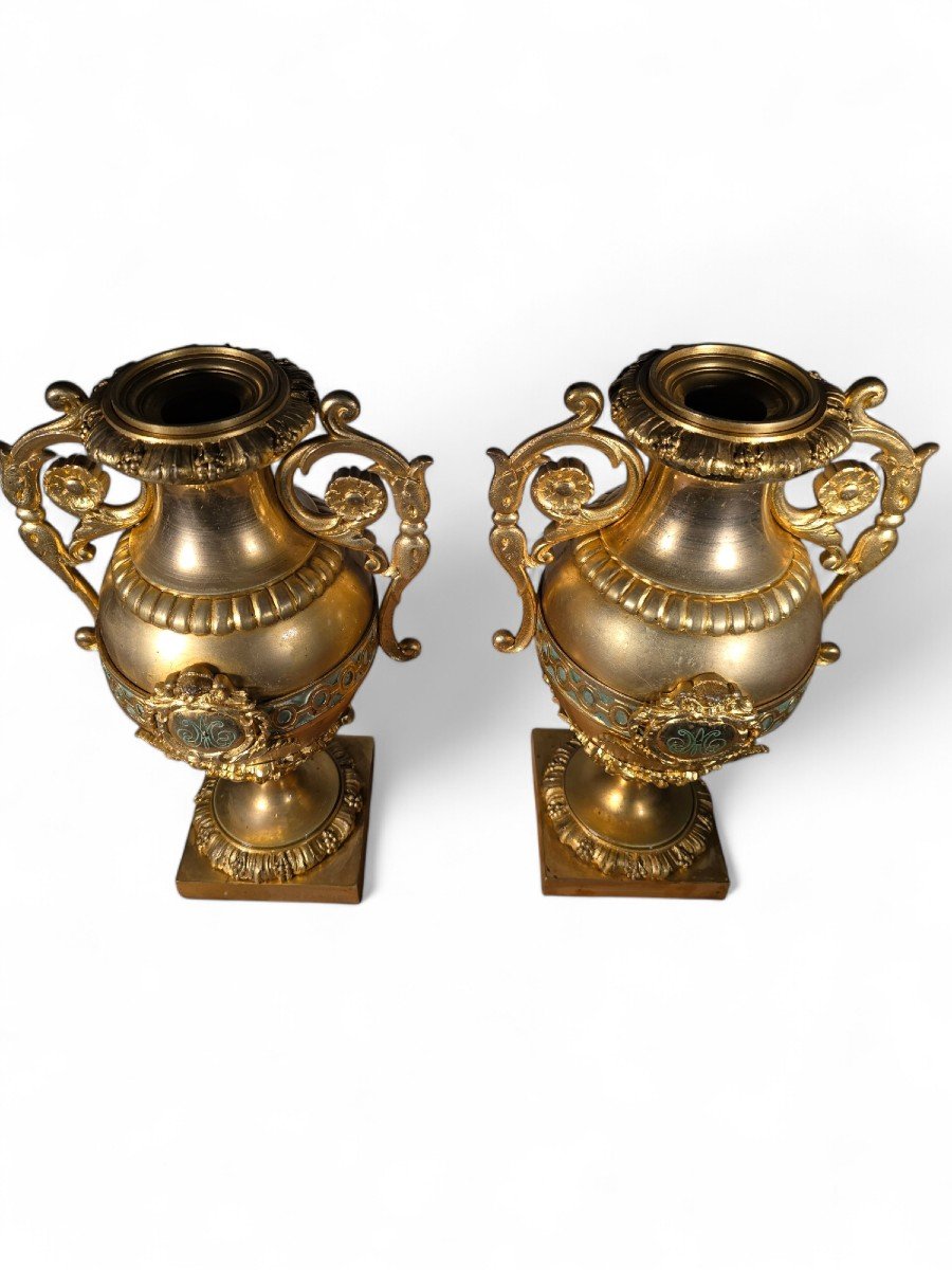 Pair Of French Gilt Bronze And Turquoise Enamel Vases-photo-2