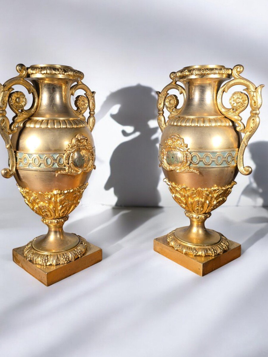 Pair Of French Gilt Bronze And Turquoise Enamel Vases-photo-3