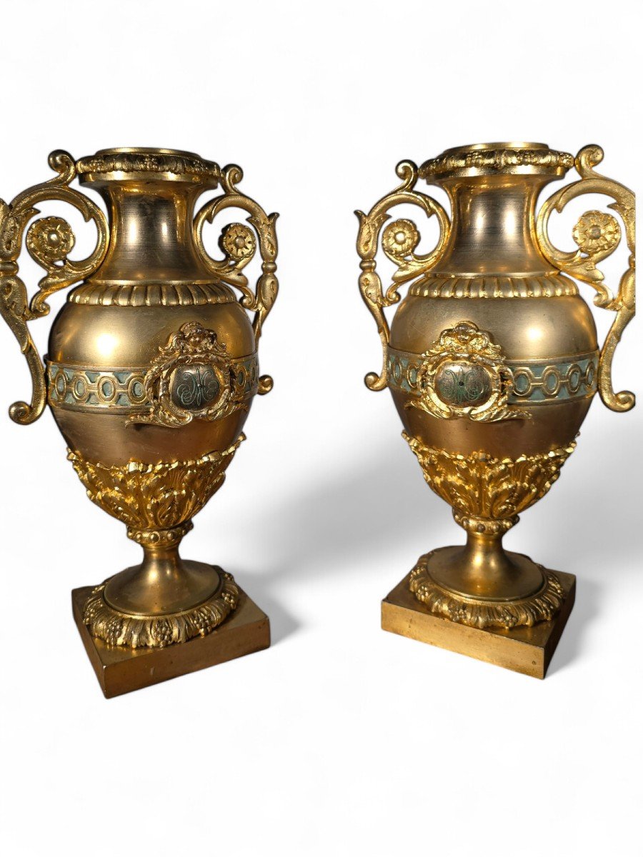 Pair Of French Gilt Bronze And Turquoise Enamel Vases-photo-4