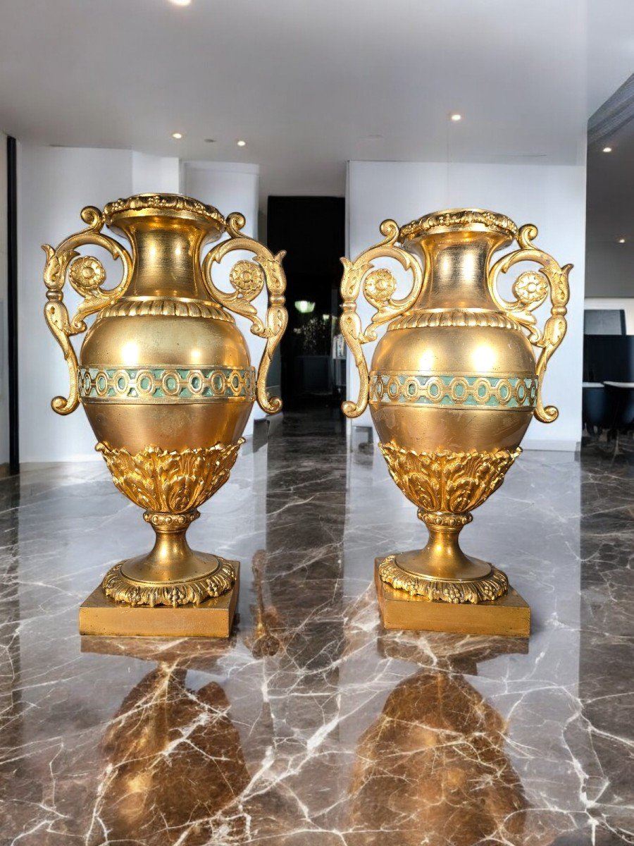 Pair Of French Gilt Bronze And Turquoise Enamel Vases-photo-6