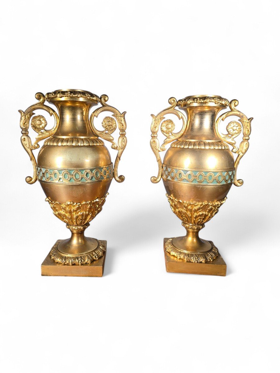 Pair Of French Gilt Bronze And Turquoise Enamel Vases-photo-7