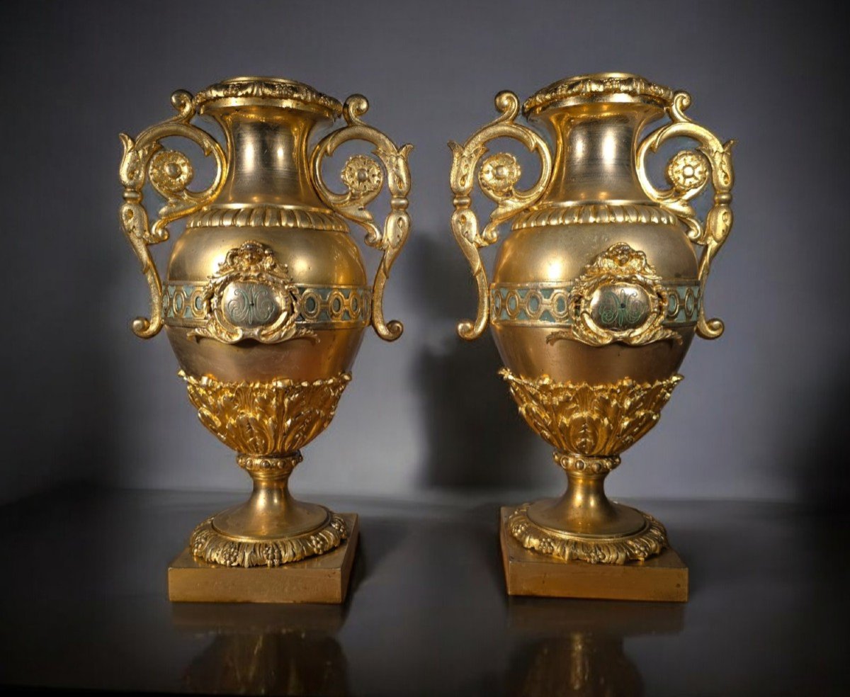 Pair Of French Gilt Bronze And Turquoise Enamel Vases