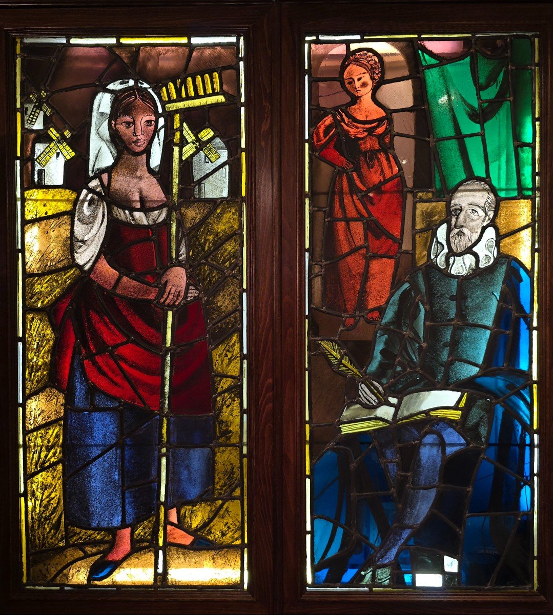 Pair Of 19th Century Stained Glass Windows Depicting Don Quixote