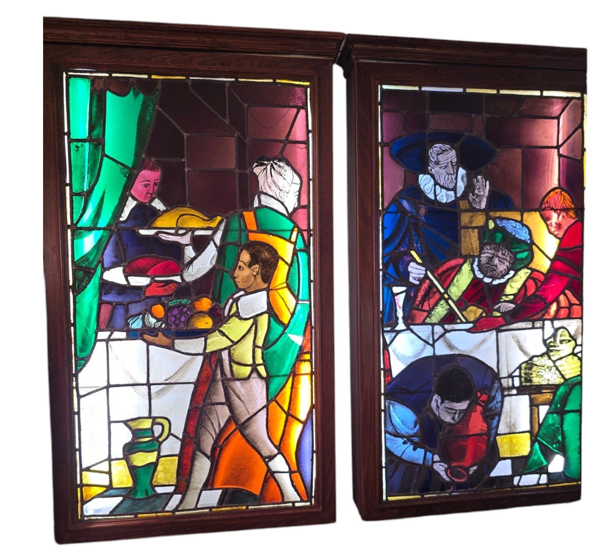 Pair Of 19th Century Stained Glass Windows Depicting Don Quixote