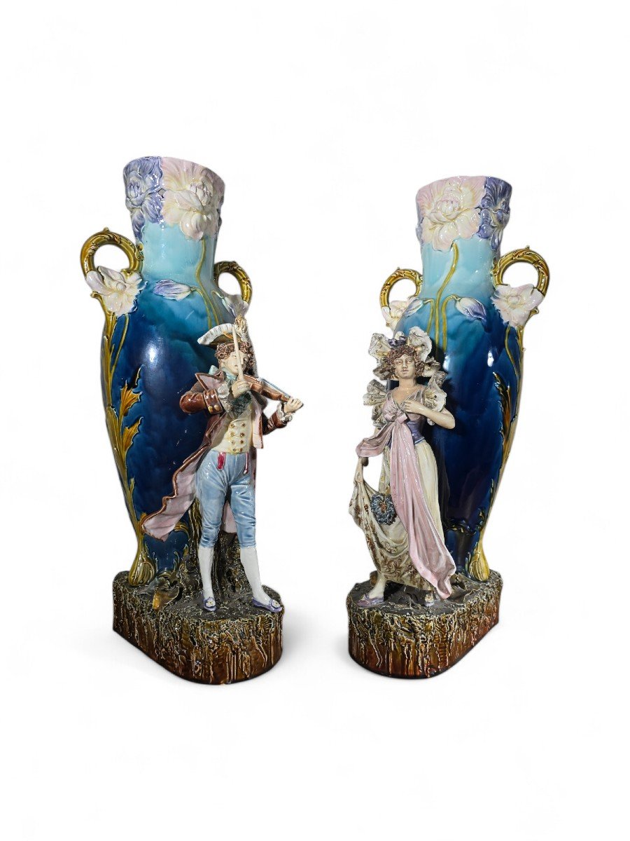 Paire De Vases Art Nouveau En Céramique émaillée-photo-2