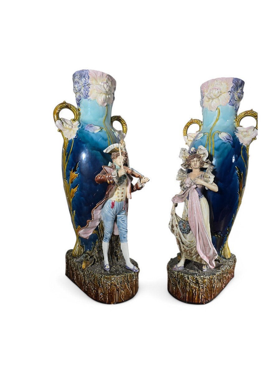 Paire De Vases Art Nouveau En Céramique émaillée-photo-3