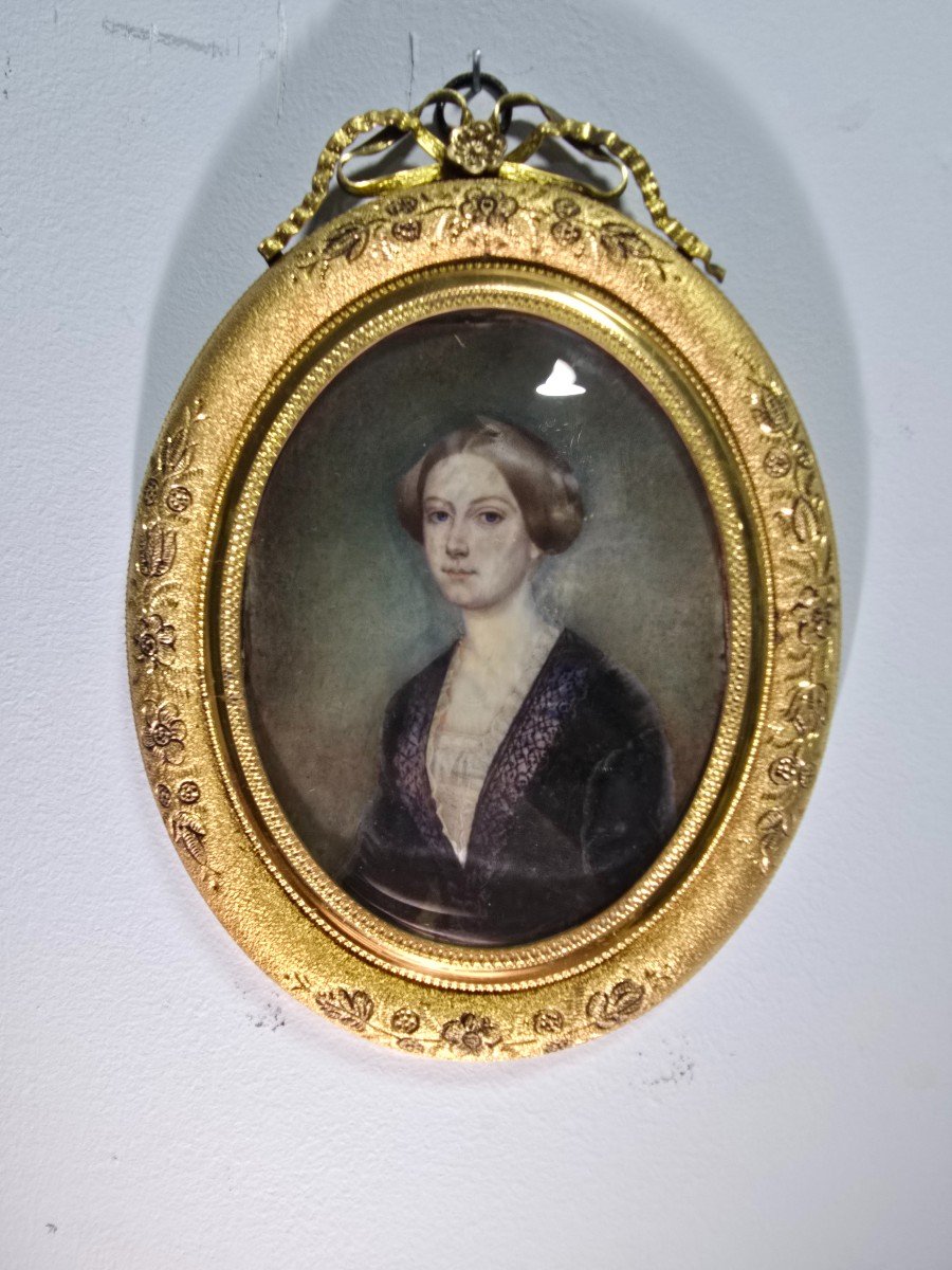 Peinture à l'Huile Miniature Du XIXe Siècle – Portrait d'Une Dame-photo-4