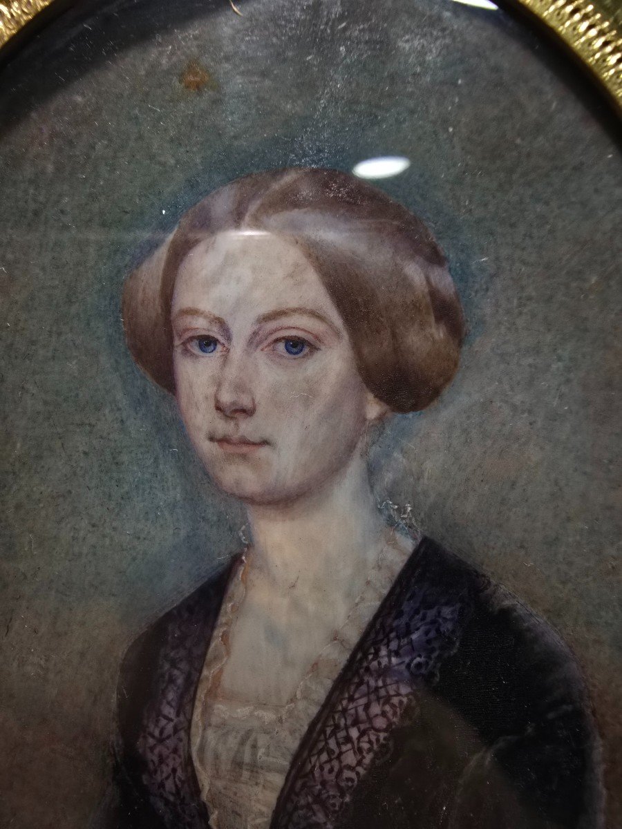 Peinture à l'Huile Miniature Du XIXe Siècle – Portrait d'Une Dame-photo-1