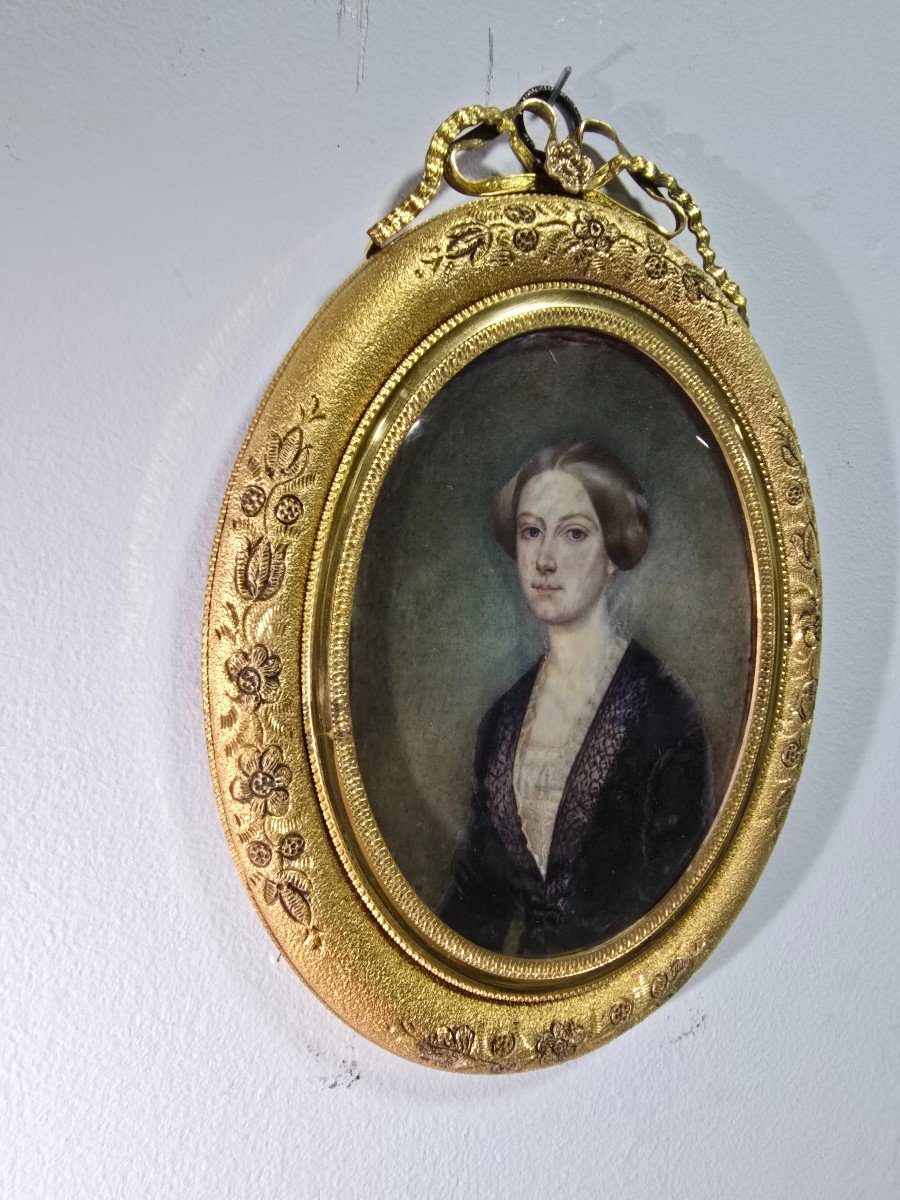 Peinture à l'Huile Miniature Du XIXe Siècle – Portrait d'Une Dame-photo-5