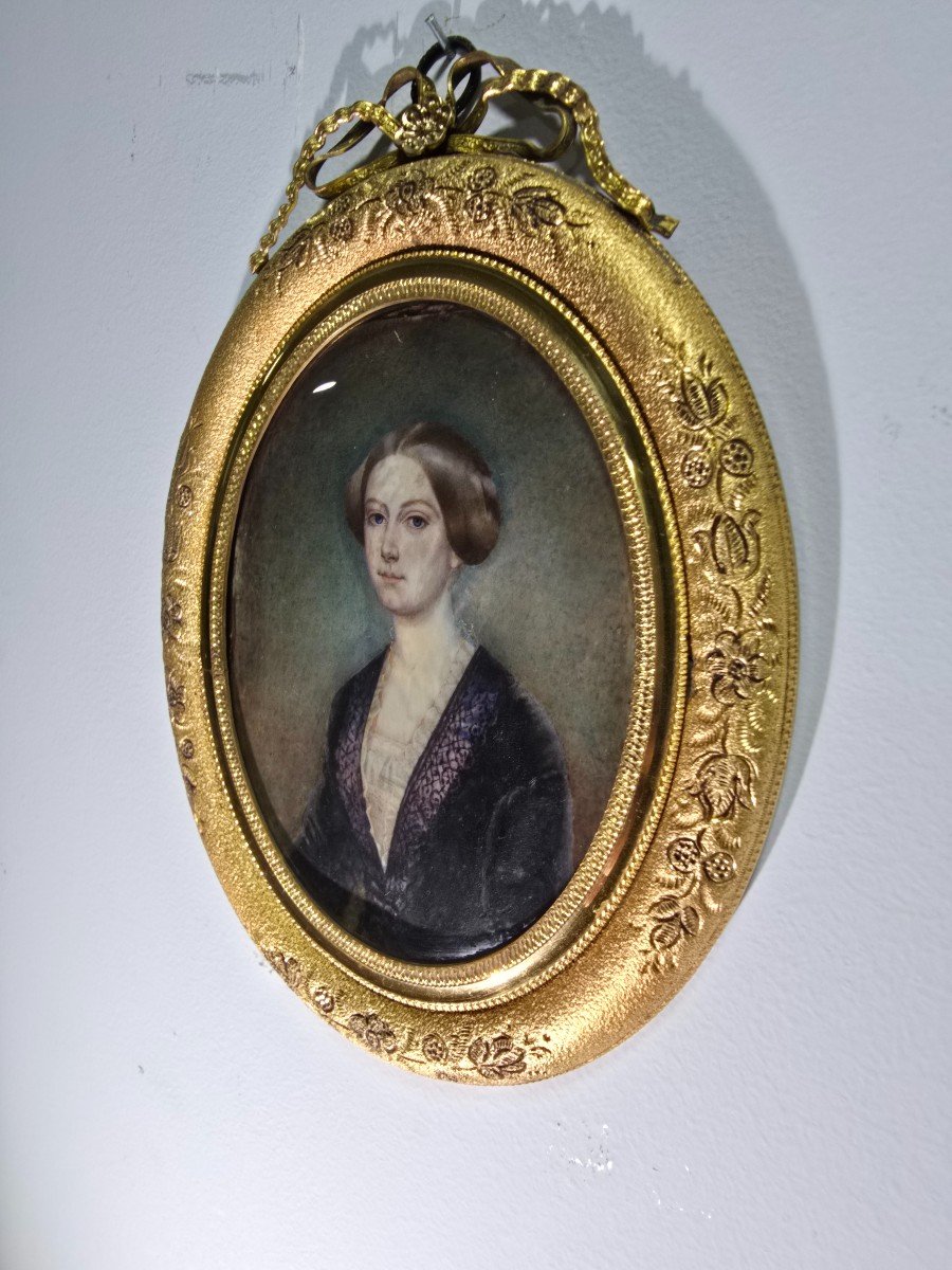 Peinture à l'Huile Miniature Du XIXe Siècle – Portrait d'Une Dame-photo-6